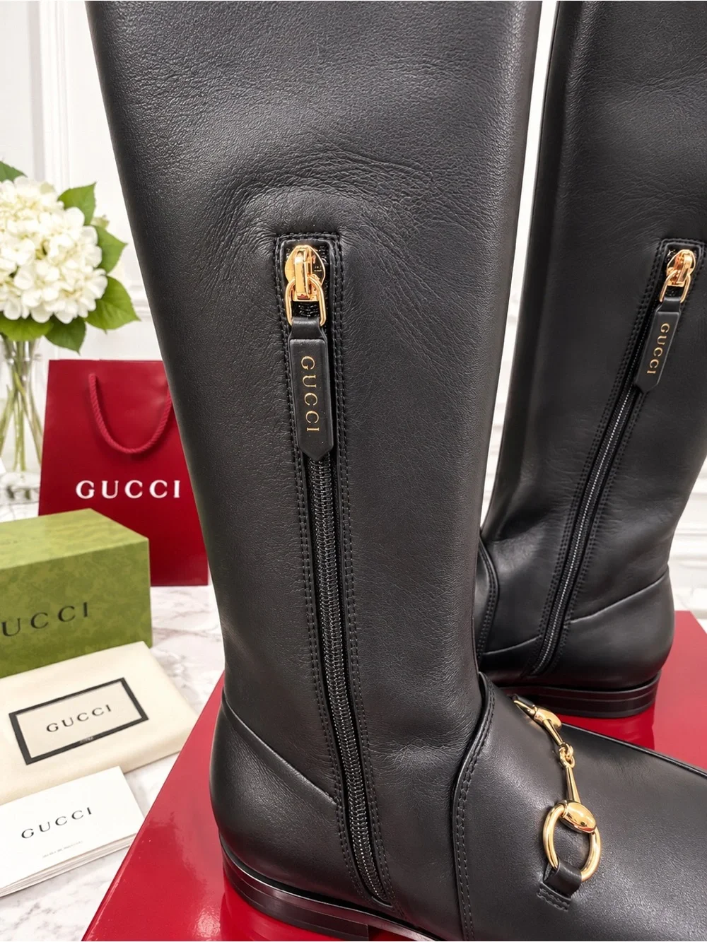 Gucci Black Leather Jordan Over-The-Knee Horsebit Boots with Gold Hardware